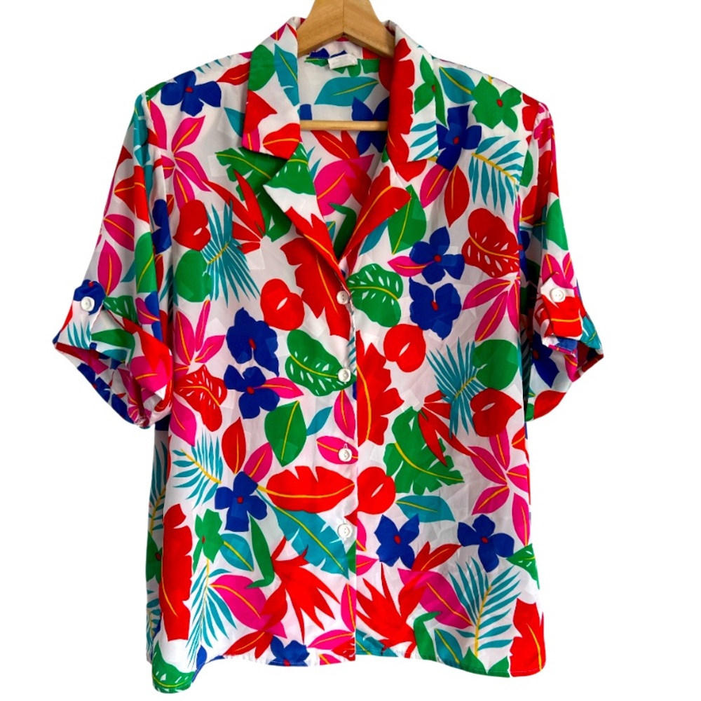 💕 Vintage Elite Canada Short Sleeve Colourful Floral Women's Blouse Size 16 - Picture 4 of 13
